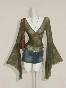 SHEIN ICON Vintage Retro Print Mesh Sheer V-Neck Flare Sleeve Women Top Bell Sleeves Boho Top