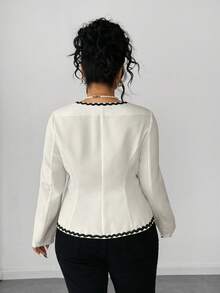 SHEIN Elenzya Áo cánh tay dài cổ thiên nga viền bèo nhún chắp vá cỡ lớn cho nữ, hàng cúc đơn thanh lịch - trắng - Xem 2