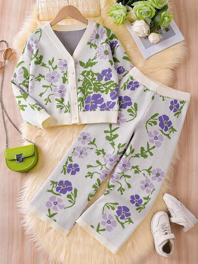Sparklyn Tween 女童紫色花朵针织开衫和裤子套装优雅百搭时尚秋冬复古花卉提花长袖毛衣两件套