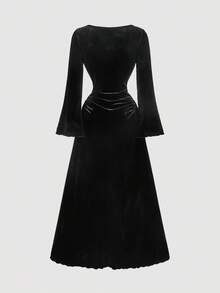 SHEIN MOD 女士黑色丝绒喇叭袖连衣裙，冬季女装，秋季女装，万圣节服装，圣诞节服装，感恩节服装，派对礼服，奢华晚礼服，吸血鬼连衣裙，哥特式连衣裙，派对礼服，圣诞连衣裙，万圣节连衣裙，黑色丝绒连衣裙，哥特式服装 - 黑色 - 查看 3