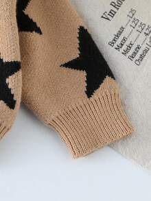 男宝宝开衫，圆领长袖针织毛衣外套，适合秋冬季，卡其色，黑色，提花星星图案，拼色设计，百搭，时尚，休闲，适合日常穿着，居家，户外，旅行