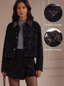 Women's Casual Commuter Washed Vintage Jacket, Loose Fit Metal Button Pockets In Fall/Winter - Black - View 5