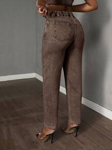 SHEIN Tall CURVE Quần jean ống côn cạp trễ bất đối xứng cho nữ cỡ lớn - Cà phê nâu - Xem 2