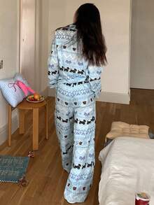 DAZY 可爱小狗蝴蝶结印花女士睡衣套装，秋冬服装 - 藍色 - 查看 2