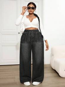 Dripcurv 大码休闲宽松松紧腰直筒牛仔裤，蓝色 - 深灰色 - 查看 5