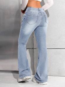 SHEIN 少女复古蓝色牛仔蝴蝶结口袋喇叭裤，适合夏季早午餐、教堂礼拜、毕业派对、街头风、夏季海滩波西米亚风度假短裤、夏季音乐会、节日休闲派对、夏季早午餐、教堂礼拜、毕业派对、街头风、返校季、返校季、喇叭牛仔裤、蝴蝶结牛仔裤、蝴蝶结牛仔裤、浅色水洗牛仔裤 - 淺色水洗藍 - 查看 2