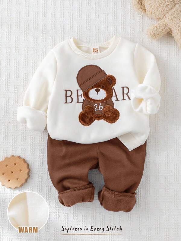 Cozy Pixies 2 Stück Baby Jungen Cartoon Bär Muster Strick Weicher Rundhals Langarm Kapuzenpullover & Thermisch gefütterte Hose mit Elastikbund Set