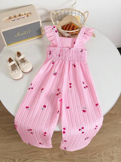 Genkimix Kids 1pc Vintage Casual Slim Fit Unique Cherry Print Jumpsuit, Suitable For Outdoor Summer And School