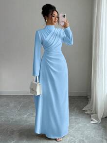 Firerie Robe longue élégante pour femmes, col rond, taille froncée, style A, manches longues, couleur unie, idéale pour le bureau, les déplacements, les vacances, les fêtes, le style rétro d'enseignante. Robe bleu clair, robe col montant, robe plissée style A, vêtements printemps automne hiver. Élégante, déplacements, rendez-vous, fête, mariage, remise de diplôme, soirée, tenue de travail, rentrée scolaire, fête annuelle, robe d'anniversaire pour femme