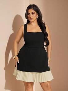 SHEIN BAE Plus Size Women's Black & White Romantic Sweet Date Outfit Dress, Layering Piece With Contrast Floral Lace Details, Suitable For Spring, Summer, Autumn