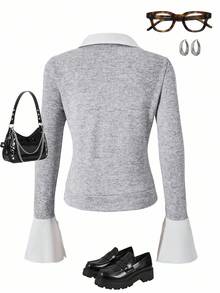 Teenage Girls' College Style Polo Collar 2 In 1 Brushed Ribbed Splice Long Sleeve T-Shirt - Multicolor - View 2