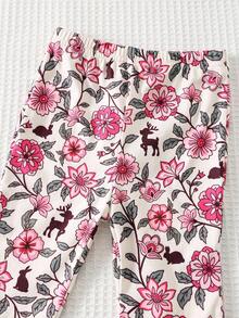 Cozy Pixies 2pcs Baby Girl Cartoon Animal Floral Deer Pattern Knitted Soft Round Neck Ruffle Trim Long Sleeve Sweatshirt & Elastic Waist Slim Fit Flare Pants Set, Suitable For Autumn/Winter, New Year, Indoor, Outdoor, Casual, Skiing, Back To School, Daily, Sports, Play, Party - Multicolor - View 7