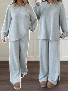 SHEIN 2件套少女纯色毛绒罗纹半拉链T恤和裤子套装 - 淺灰色 - 查看 2