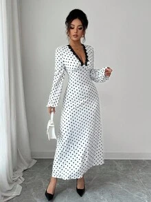 INAWLY Vestido feminino de manga comprida com decote em V e bolinhas, ideal para férias, encontros e passeios, outono/inverno - Branco - Ver 4