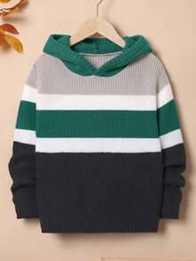 SHEIN Boys' Oversized Striped Hooded Pullover Sweater Fall Winter