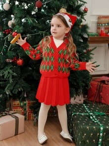 SHEIN Young Girls Christmas Diamond Pattern Sweater & Skirt Set, Winter Fall Winter Christmas Halloween Toddler Cardigan Sweater Autumn Fall Jumpers Sweaters Tops Dress Dresses Christmas Jumper Cozy Pixies Prepcrw Christmas Outfit Halloween  New Born Toddler  Fall Winter Dress Halloween  Romper Stuff Halloween Jumper Jumper Cardigans Shirts White Cardigan Clean Downtown Off The Shoulder Sweater Outfit Sets Pink Sweater Jacket Cute Fall Outfits Outfits Top Maija Christmas Dress  Toddler Fall Dark Purple Skirt Christmas Sweater  Fall Sweaters Unisex White Sweater Vest Skirt Sets - Red - View 6