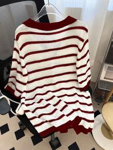 GlowEve CURVE Plus Size Colorblock Striped Casual Knit Top - Burgundy - View 2