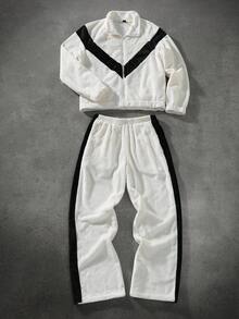 PAVTROS Bộ đồ thể thao nam bằng vải nỉ, áo khoác và quần phối màu tương phản, thích hợp mặc mùa thu/đông. Bộ hai mảnh quần thể thao nam, quần dài và quần ngắn, bộ đồ thể thao màu trắng kiểu Y2K, bộ đồ đen trắng. - Đen và trắng - Xem 3