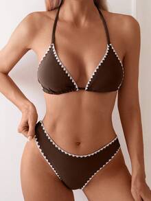 SHEIN Swim 女士花朵饰边露背系带性感比基尼套装 夏季 - 棕色 - 查看 4