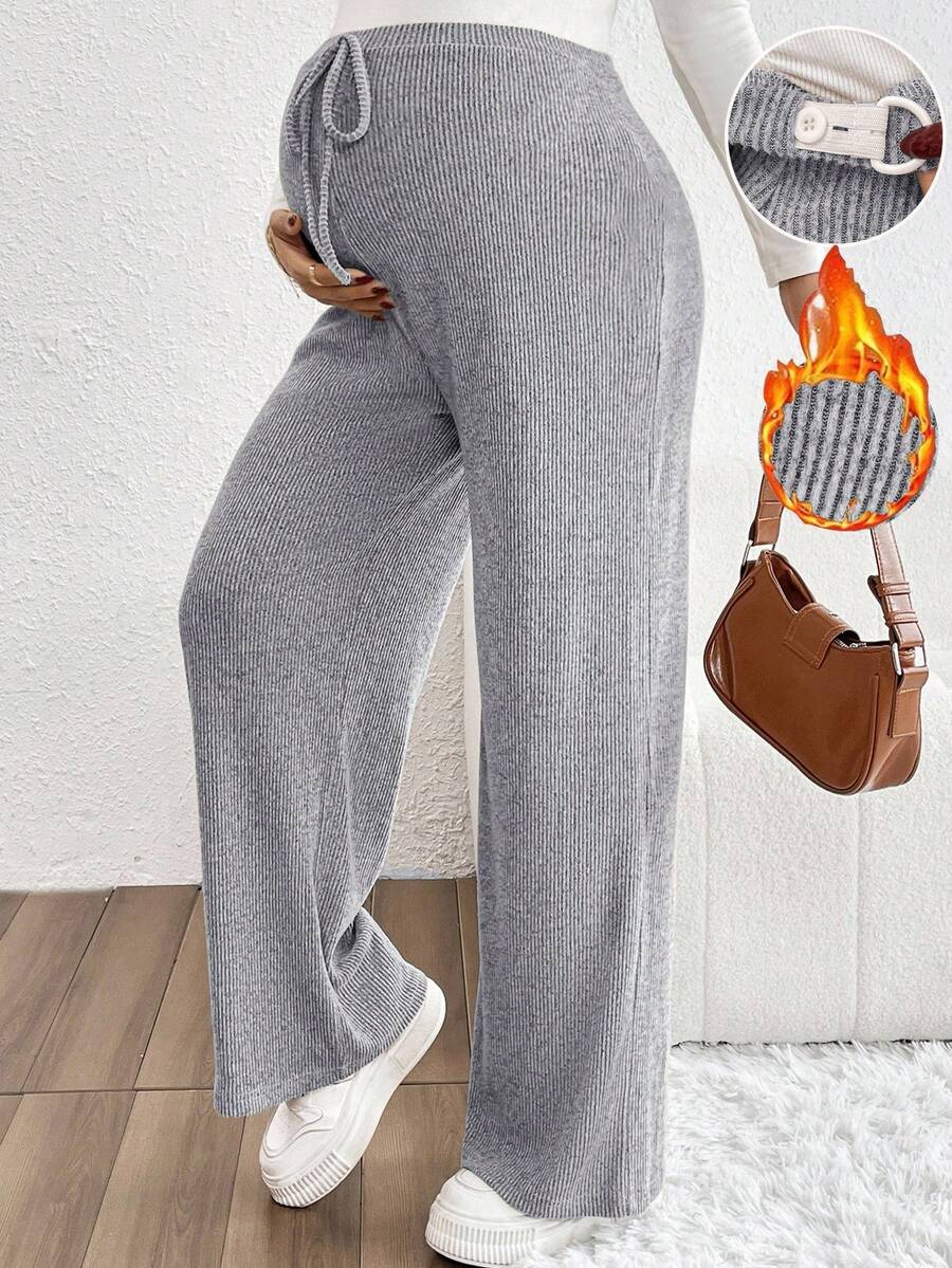SHEIN Pantalones casuales de maternidad de unicolor, de pierna ancha, con cintura ajustable y acanalados - Gris - Ver 1