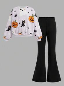 SHEIN Girlism 青少年女孩休闲宽松圆领卡通花朵图案套头长袖运动衫和喇叭裤两件套服装套装，适合秋冬日常穿着 - 淡紫色 - 查看 9