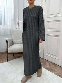 Women Cable Knitting Maxi Sweater Dress - Dark Grey - View 3