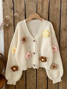 SHEIN Vintaside Kids كارديجان صوفي مزخرف بزهور ثلاثية الأبعاد بلون المشمش لفتيات المراهقات في فصلي الخريف والشتاء - لون مشمشي - مشاهدة 8