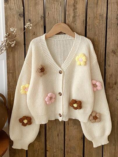 SHEIN Vintaside Kids Cute Colorful Floral 3D Apricot Cardigan Sweater For Tween Girls Autumn/Winter Fall Girl Sweater Jacket Cute Cardigan Big Girl Knit Cardigan Kids Sweaters For Girls Button Girl Cardigan Sweater