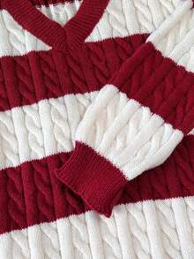 SHEIN 女童条纹拼色麻花针织 V 领灯笼袖超大套头衫，适合秋冬外出 - 彩色 - 查看 5