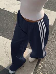 Muchica 女式休闲条纹侧缝海军蓝针织运动裤 - 藏蓝色 - 查看 5