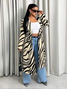 Sirith 2025 女士新款细条纹粗花呢翻领大衣，中长款，宽松版型，时尚性感。 - 彩色 - 查看 6