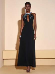 Zivah 秋冬新款优雅派对奢华高贵日常约会生日派对性感高端派对夜店风婚礼季宾客礼服音乐节狂欢季婚礼宾客礼服新娘礼服圆领钻链装饰丝带胸前镂空包臀连衣裙H型裙超长连衣裙晚礼服黑色钻链装饰长裙女士长裙-A - 黑色 - 查看 4