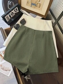 Franclia Quần short cạp cao màu xám đậm tối giản thời trang dành cho nữ, khóa kéo phía sau, thích hợp cho việc đi làm hàng ngày, hẹn hò và những dịp lãng mạn - xanh quân đội - Xem 2