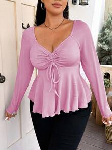 Vionelle Plus Size Women's Casual Sweetheart Neck Front Drawstring Ribbed Long Sleeve Babydoll Tee, Spring/Autumn - Pink - View 4