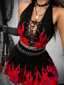 Whyspr Grunge Punk Plus Size Co-Ords Cool Flame Print Dark Party Halter Top With Mini Pleated Skirt Two-Piece Set Grunge Punk - Black - View 1
