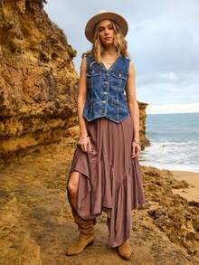 Aralina 秋冬西部波西米亚风纹理不对称拼接下摆长裙乡村音乐会 - 棕色 - 查看 3