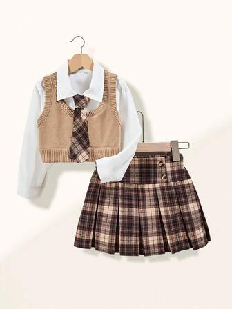 SHEIN Casuvi Kids 2pcs Girls Toddler Knitted Vest Shirt Combo With Vintage Plaid Pleated Skirt, Fashionable Outfit For Daily, School, Commute Girls School Uniform Outfit Plaid Skirt Outfit Toddler Back To School Outfit Toddler First Day Of School Outfit Girl Cute Toddler School Outfits Fall Winter