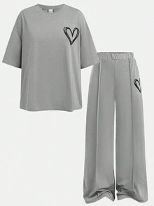 SHEIN Girlism 青少年女孩两件套休闲装 - 宽松圆领针织上衣，带有图案印花和宽松短裤，适合日常穿着、返校、假期、家庭户外活动、春季野餐等 - 淺灰色 - 查看 14