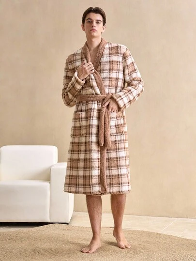 EverLounge 男士舒适格子法兰绒撞色系带浴袍，秋冬季，蓬松柔软