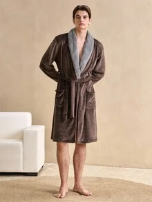 撞色毛绒男士披肩领长袖口袋系带睡袍，秋冬款，蓬松舒适 - 彩色 - 查看 5