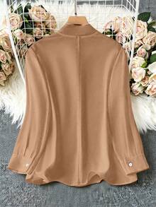 SHEIN Clasi 大码女式领结设计纯色长袖时尚办公室衬衫 - 棕色 - 查看 2