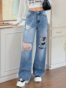 Rivivi 女式口袋破洞阔腿宽松休闲牛仔裤