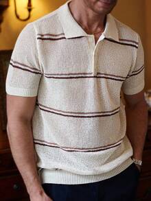 Manfinity Homme Men's Front Button Short Sleeve Striped Casual Knit Top  Men Knit Polo - Multicolor - View 2