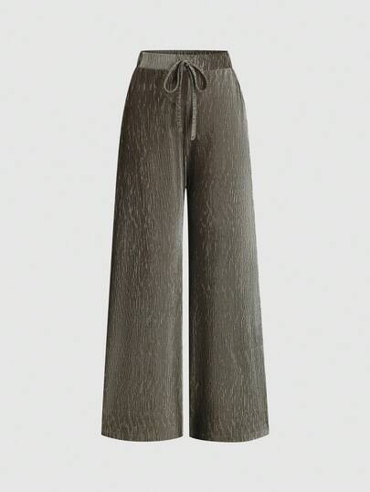 SHEIN PETITE Textured Velvet Fabric Low Waist Drawstring Casual Loose Fit Wide Leg Pants For Petite Women, Suitable For Daily Wear, Home & Leisure, Autumn/Winter