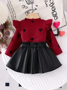 Elladie kids 幼儿秋季长袖圆领盖袖心形印花卡其色上衣和纯黑色裙子两件套复古服装 - 紅色 - 查看 2