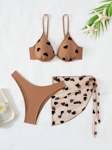 Swim Mod 3pcs Heart Print Bikini Swimsuit Set, Non-Padded, With Underwire - Apricot - View 1