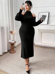 Modelyn Große Größen Elegantes Strickkleid in Unifarbe mit Trägerhals für Damen, Herbst-Winter-Kleidung, Schulterfrei - Schwarz - Übersicht 5