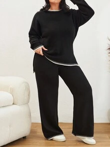 EURMUSE Plus Size Color Block Edged Long Sleeve Sweater And Knitted Pants Two Pieces Set, For Winter - Black and White - View 4