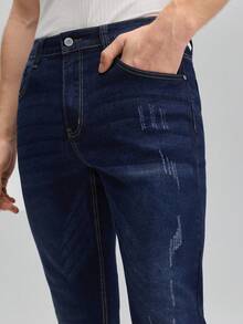 OFFICEAU 男士斜插口袋修身直筒牛仔裤，Old Money 春夏款 - 深色水洗藍 - 查看 7