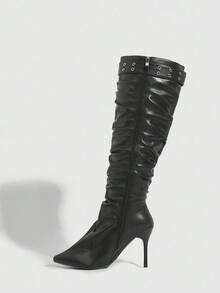 CUCCOO SZL Sepatu bot hak tinggi stiletto ujung runcing wanita, kulit PU hitam dengan hiasan tali lubang, desain berkerut, modis dan nyaman untuk sehari-hari, pesta, dan acara. - Hitam - View 5